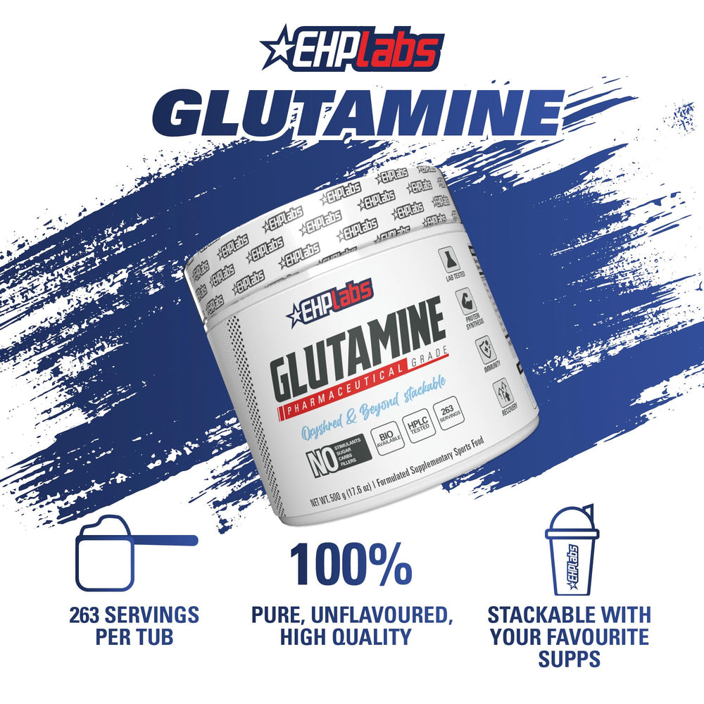 EHP Labs L Glutamine label closeup highlights quality testing.