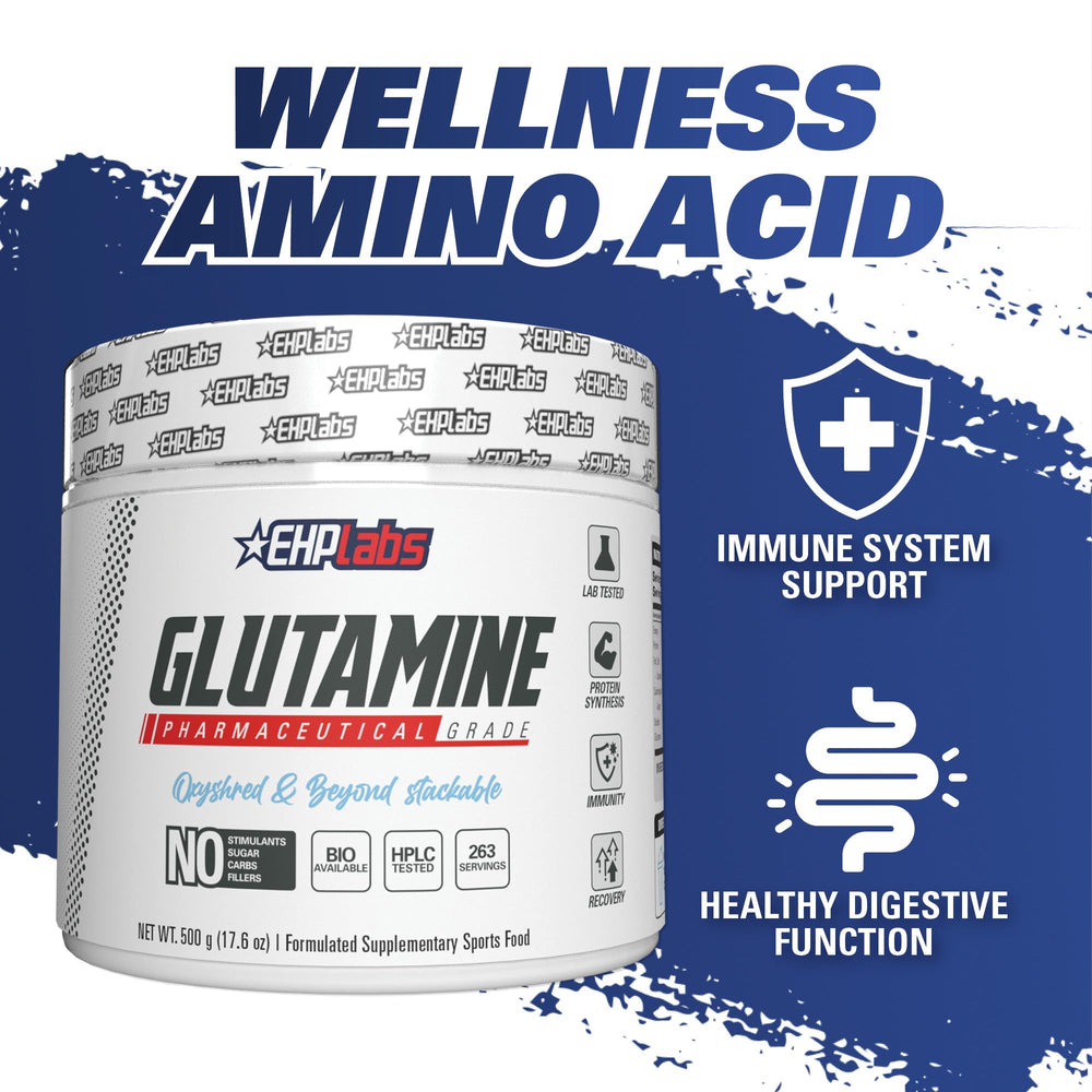 EHP Labs L Glutamine packaging on display signals premium quality.