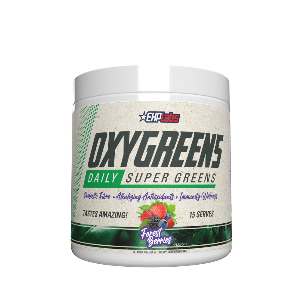 EHP Labs OxyGreens Forest Berries tub, daily greens boost.