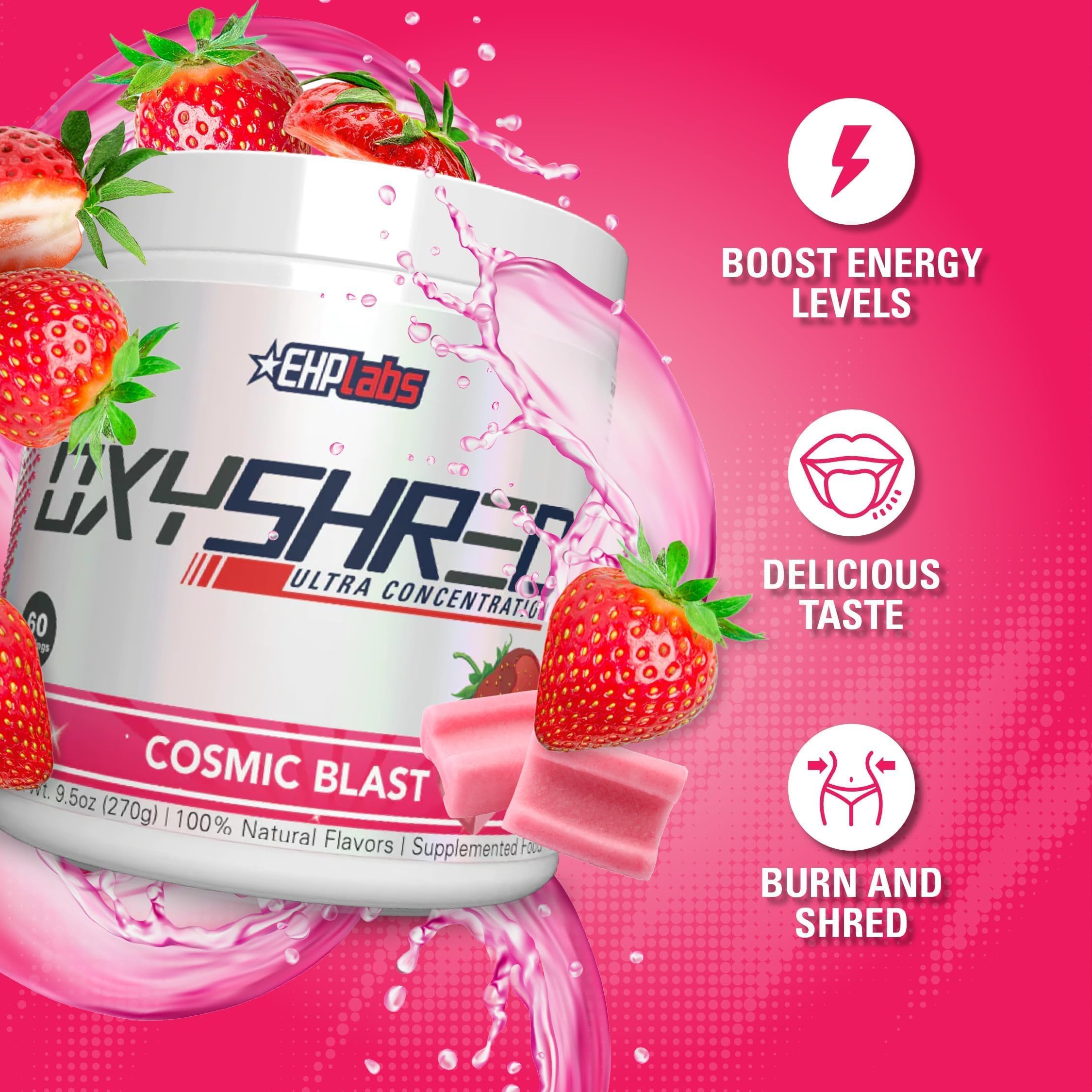 OxyShred Cosmic Blast label close-up highlighting ingredients and branding.