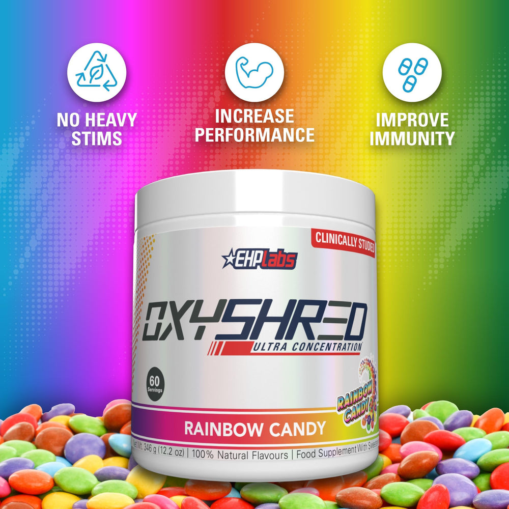 Ingredients close-up on OxyShred Rainbow Candy showcasing L-Glutamine and Acetyl L-Carnitine