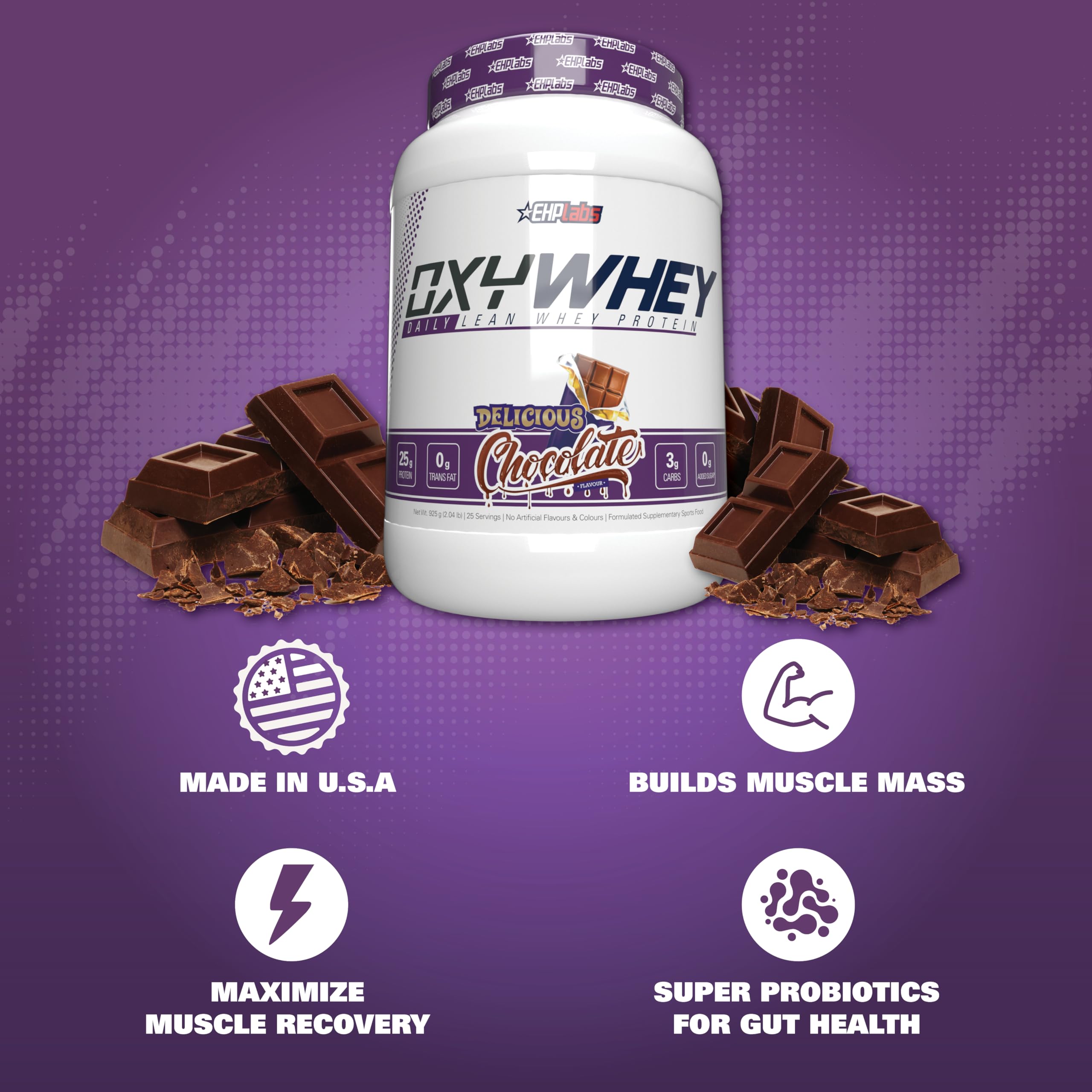EHP Labs OxyWhey label with 25g protein per serving for daily nutrition