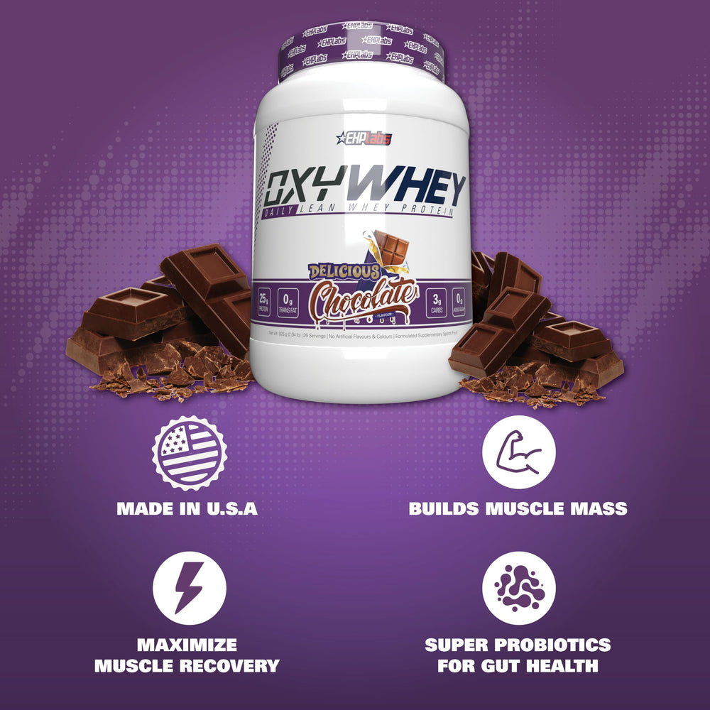 EHP Labs OxyWhey label with 25g protein per serving for daily nutrition