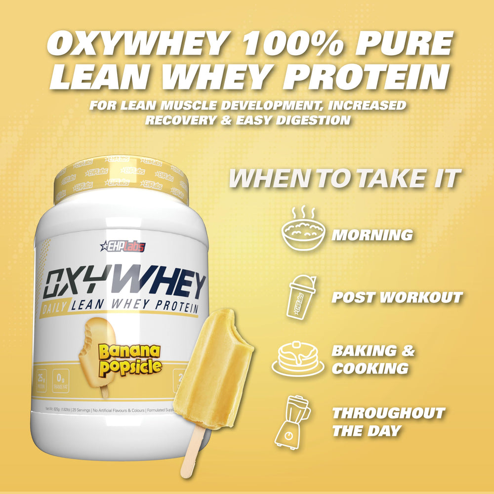 OxyWhey pouch packaging highlights Non-GMO and gluten-free claims
