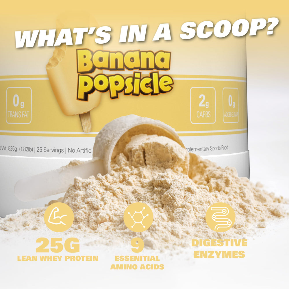 Banana-flavored OxyWhey pour into glass demonstrates creamy mouthfeel