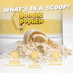 Banana-flavored OxyWhey pour into glass demonstrates creamy mouthfeel
