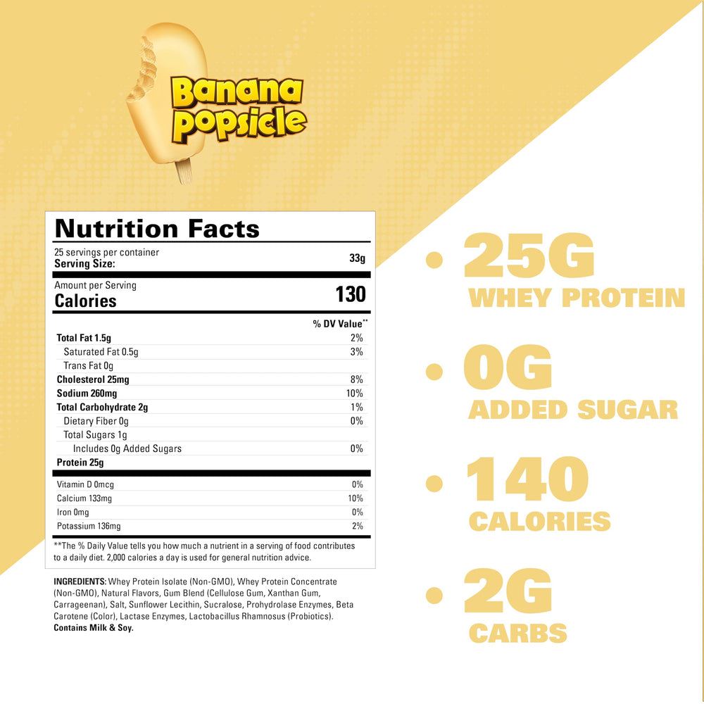 OxyWhey banana scoop image emphasizes convenient one-scoop serving for busy days