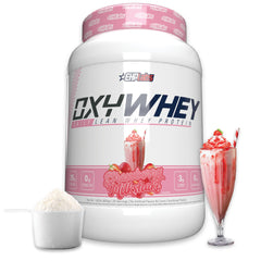 EHP Labs OxyWhey bottle shows 25g protein per serving for post-workout recovery.