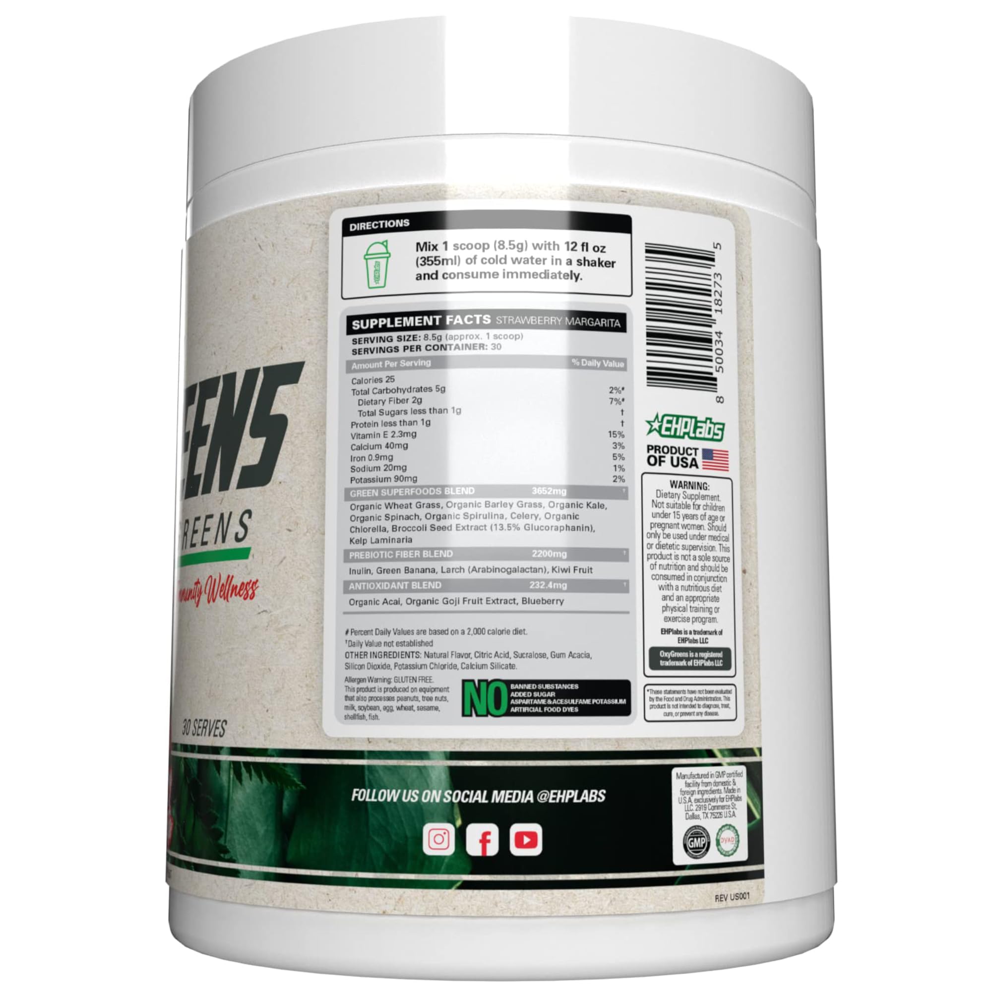EHP Labs OxyGreens bottle with scoop ready to mix on the go.