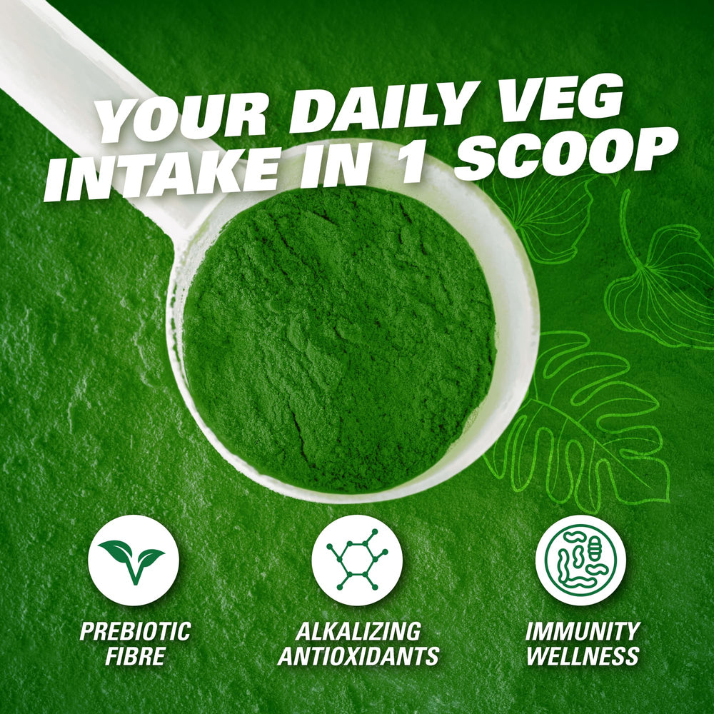 EHP Labs OxyGreens green juice powder mixing into water for a refreshing boost.