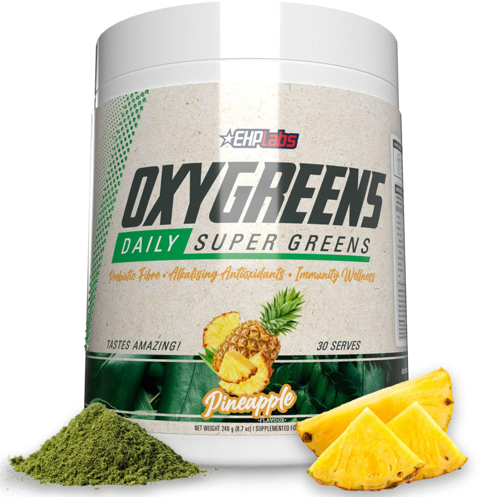 EHP Labs OxyGreens Pineapple bottle front, vibrant greens for daily wellness