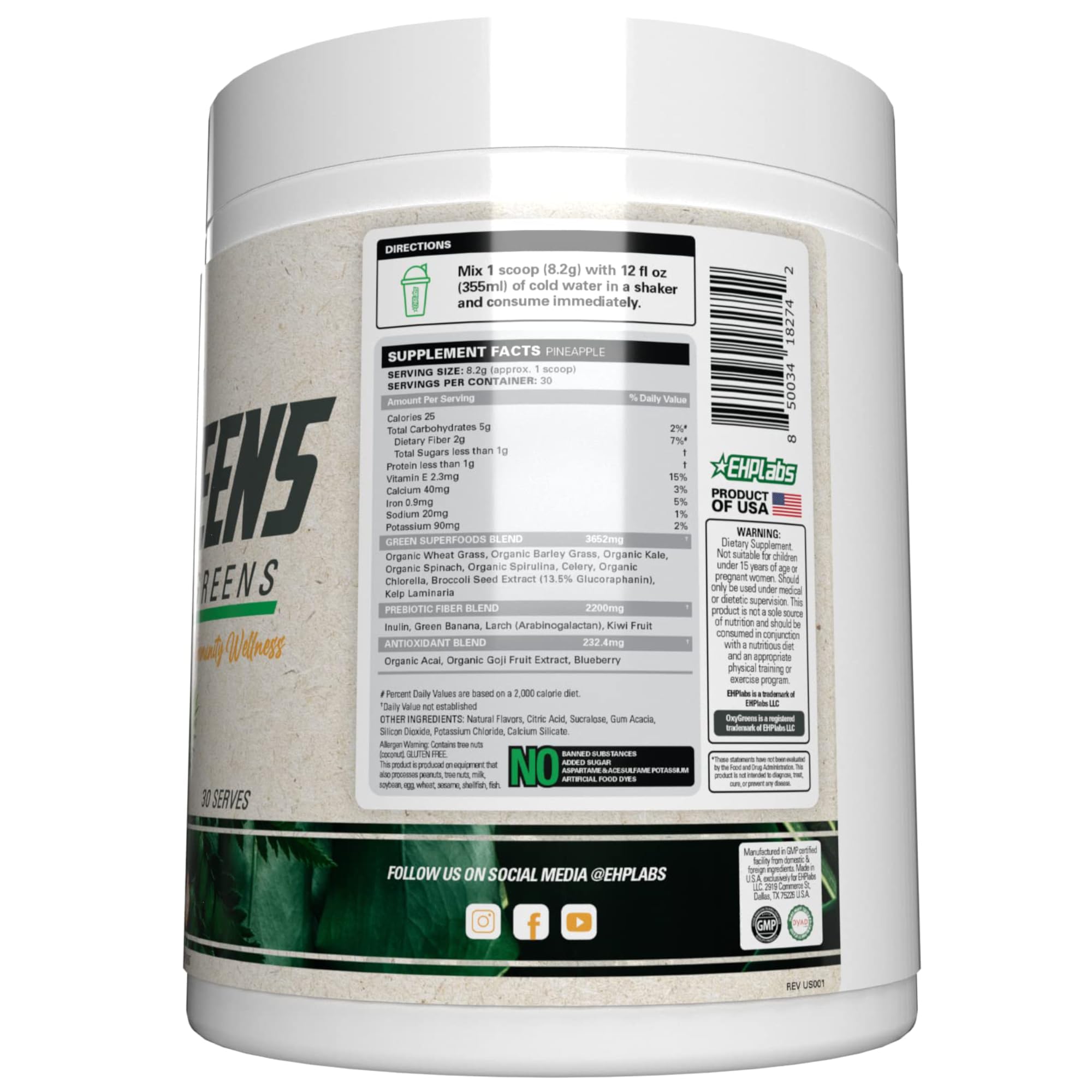 EHP Labs OxyGreens Pineapple daily-serve cup with spoon, ready for smoothies