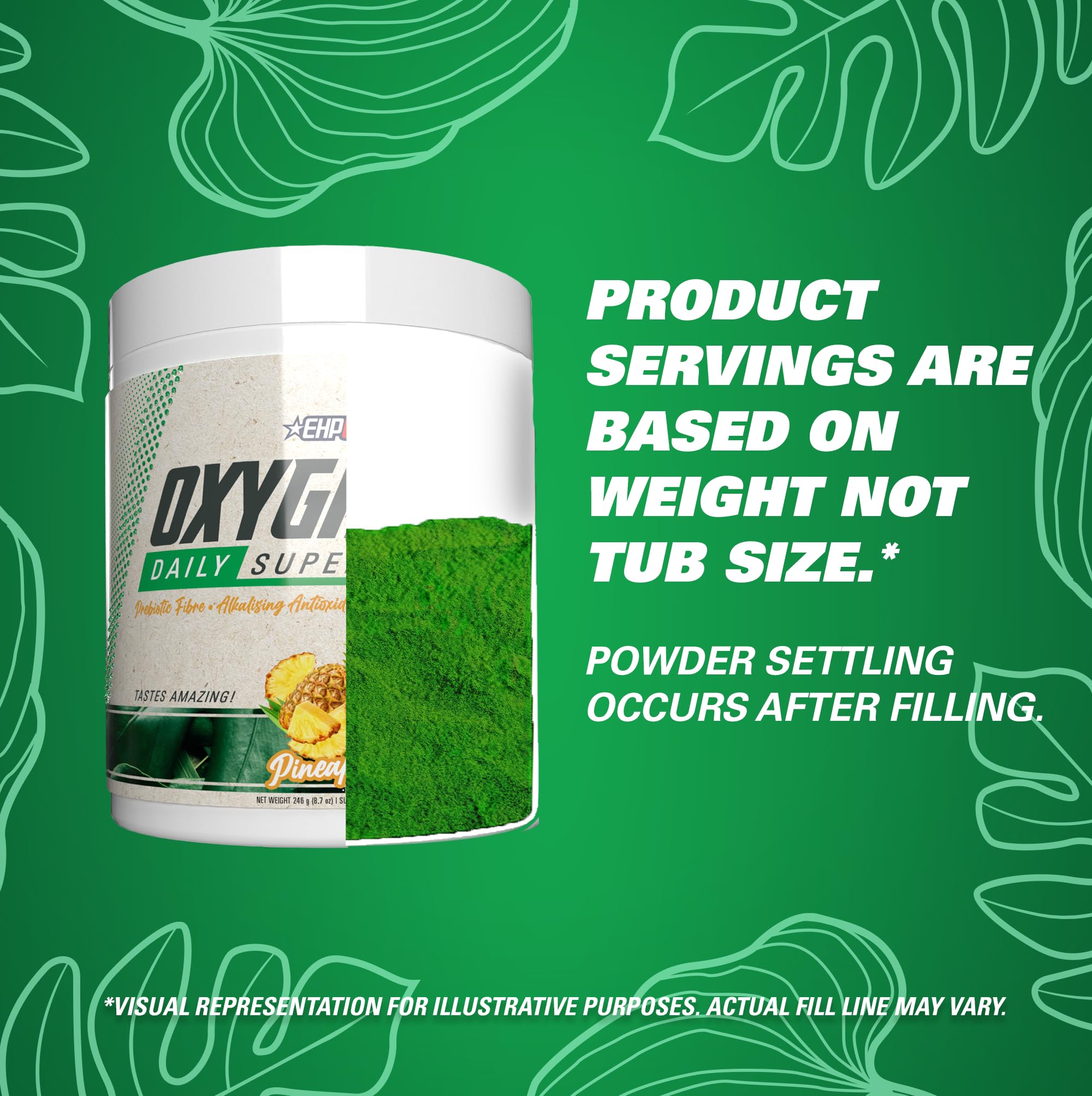 EHP Labs OxyGreens Pineapple ingredients panel with spirulina, chlorella and prebiotic fibre