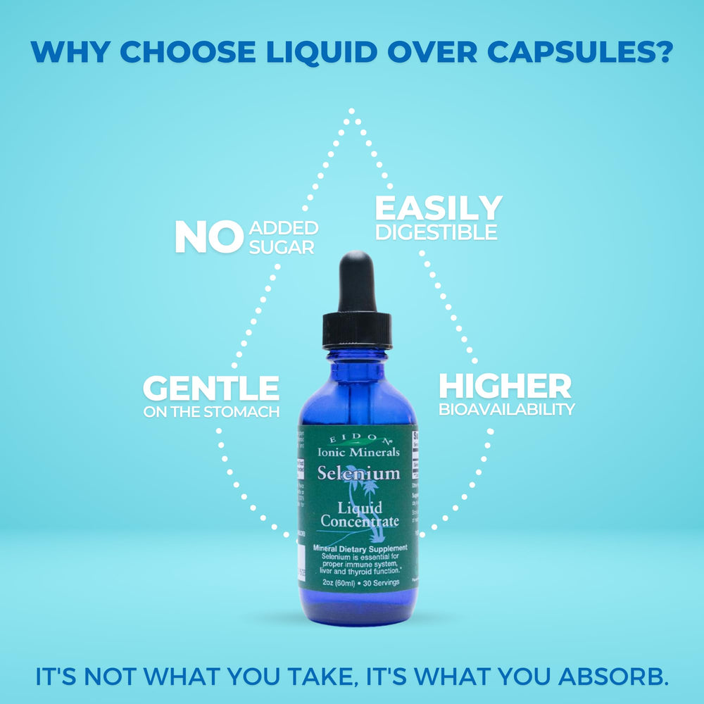 Eidon Ionic Minerals liquid selenium amber bottle protects potency during storage.