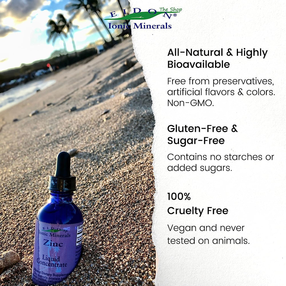 Close-up of Eidon zinc bottle highlighting all-natural ingredients