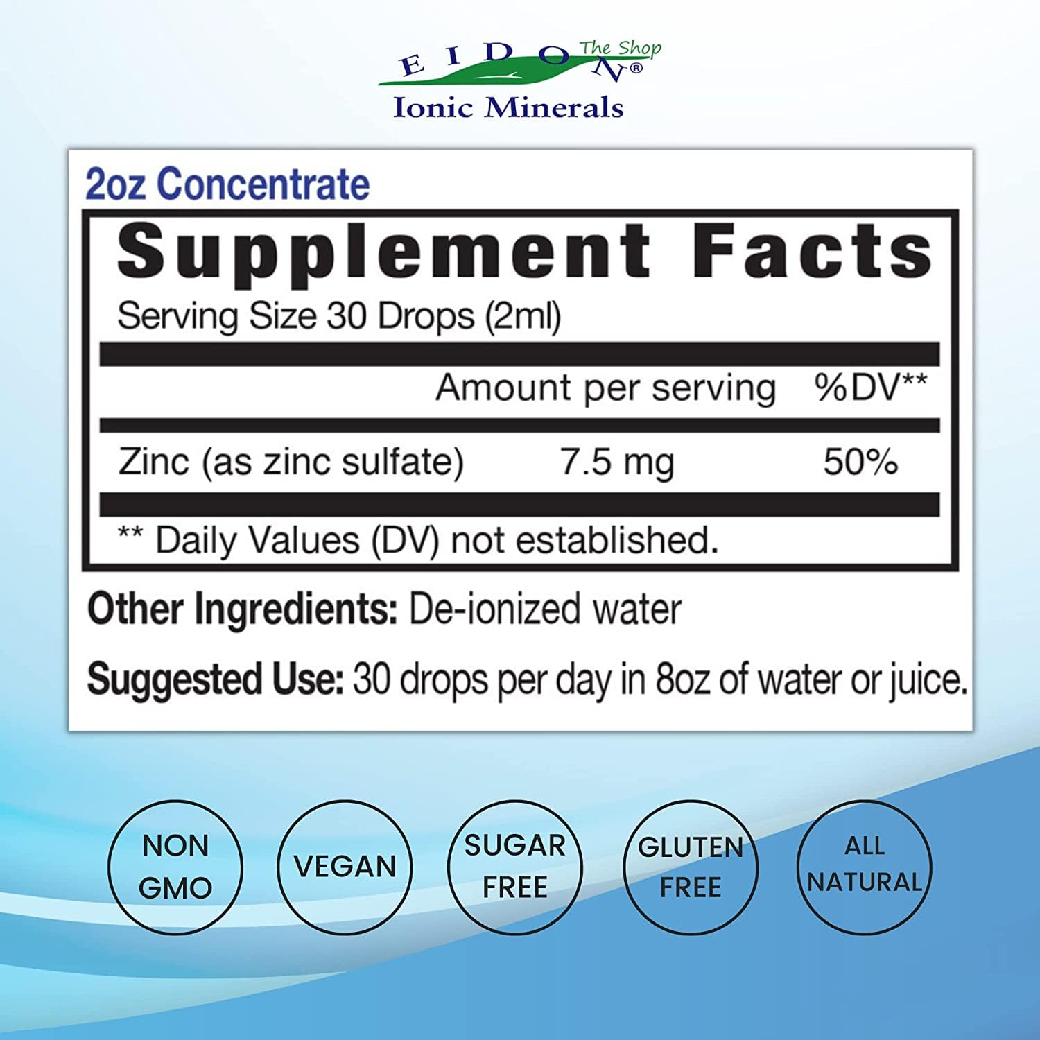 Drops of Eidon Zinc poured into water for daily immune and skin health
