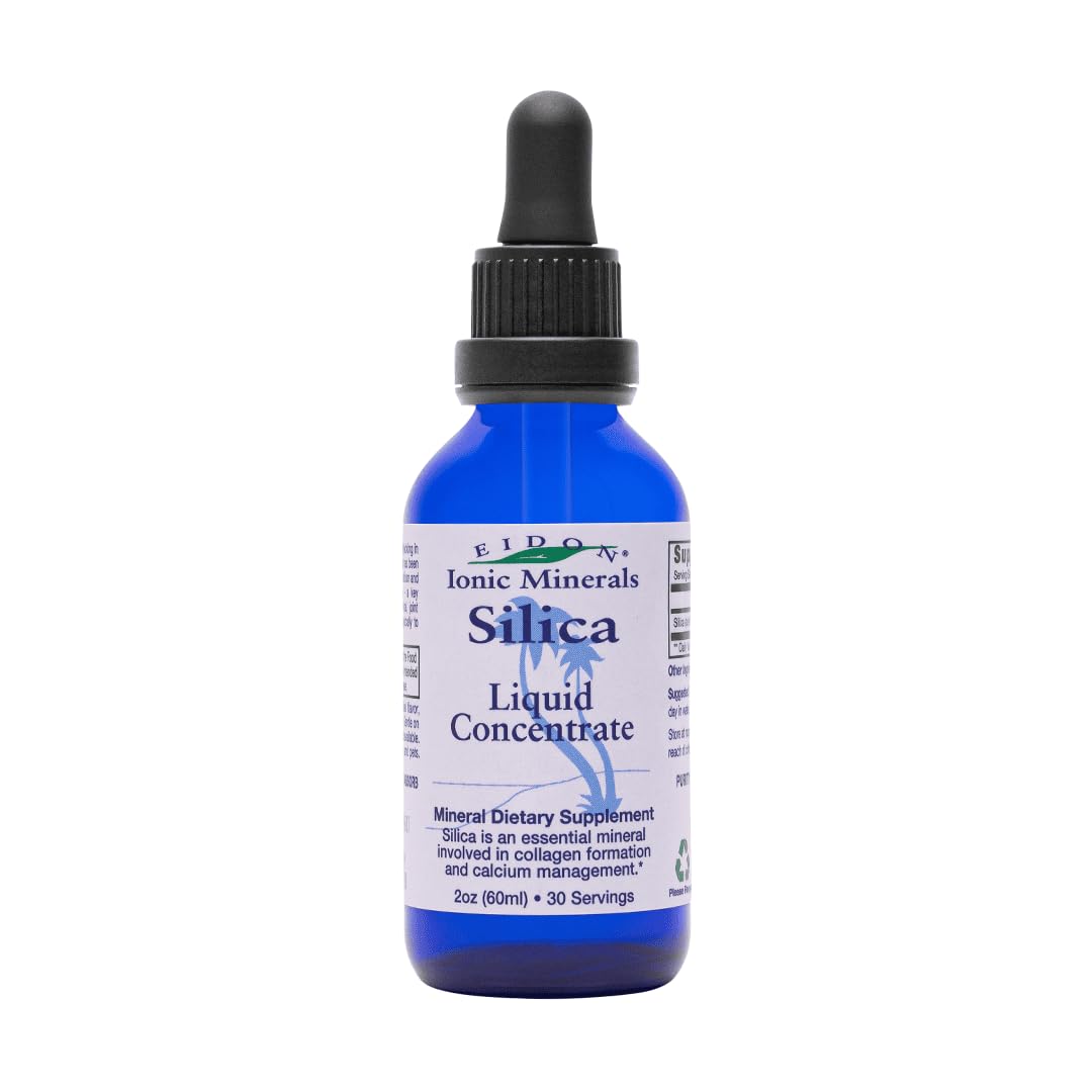 Eidon Liquid Silica bottle pour showing easy-to-use drops for daily supplementation