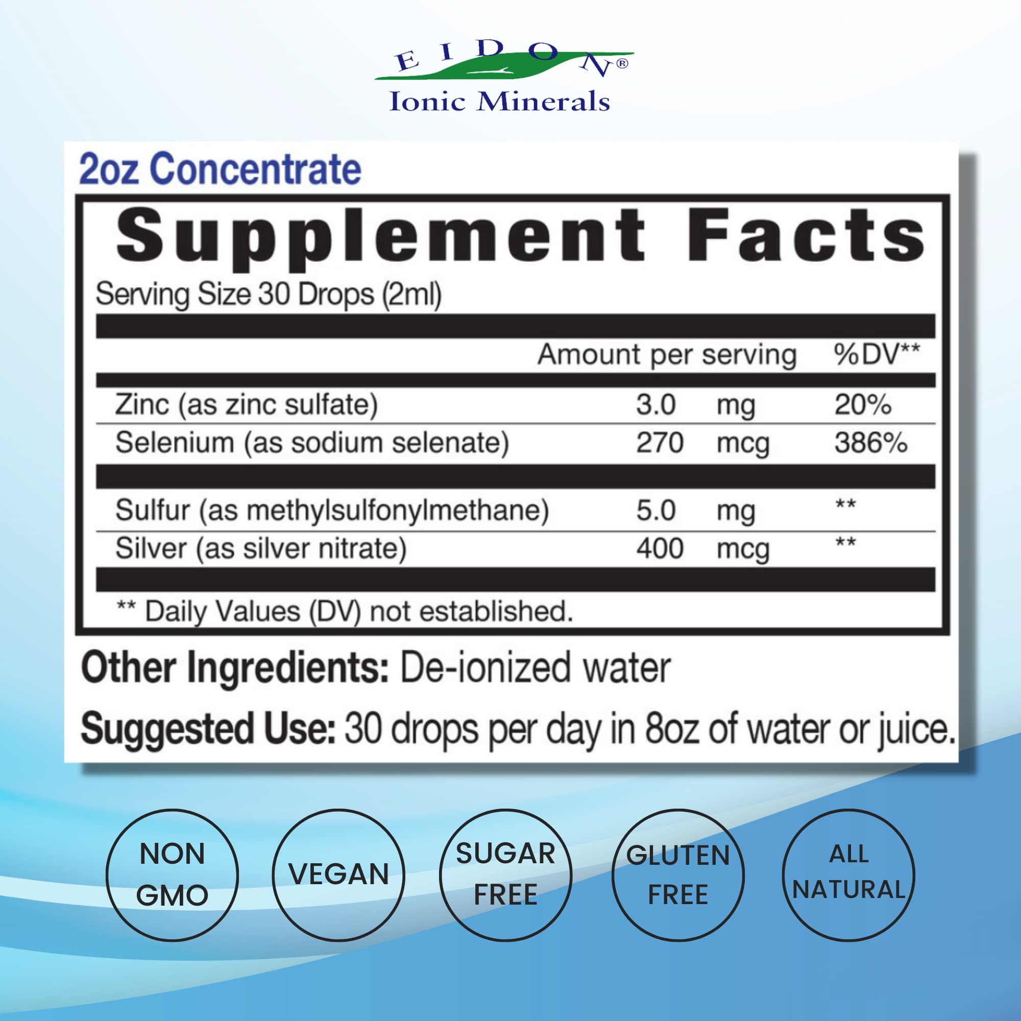 Eidon Mineral Drops with zinc, selenium, sulfur, and silver for immune support.