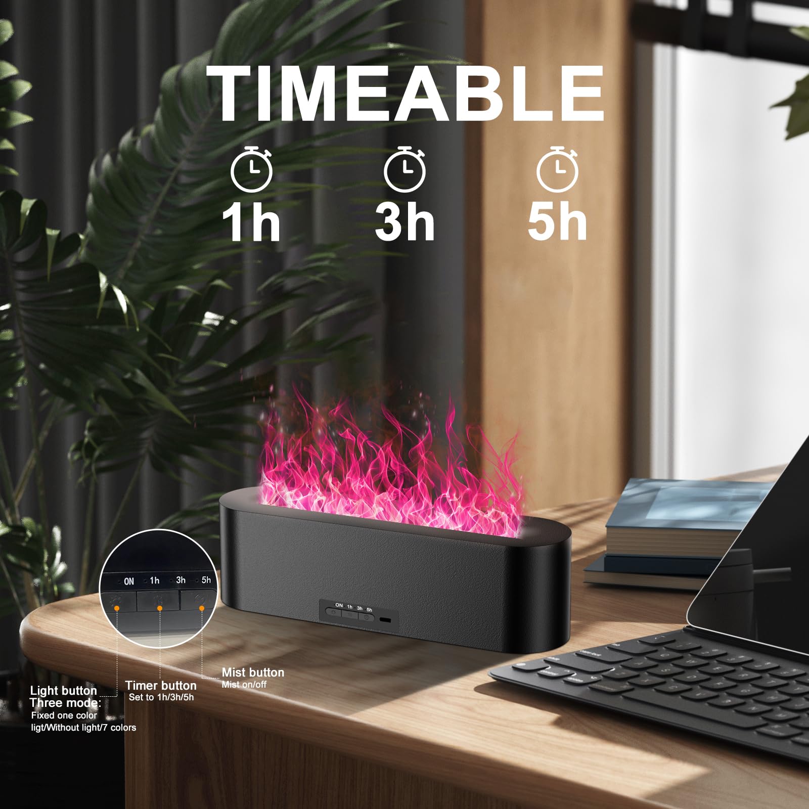 Eiifiter Colorful Flame Diffuser LED light demonstrates seven-color mood illumination