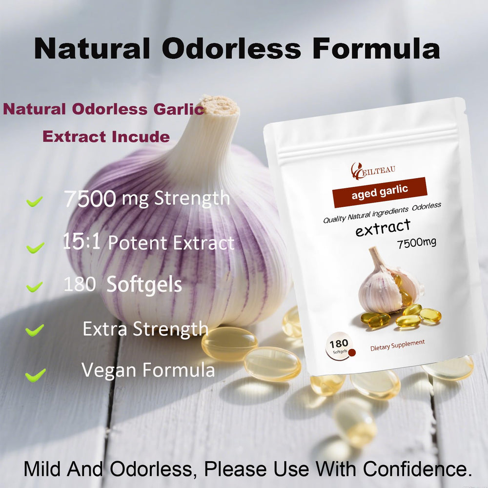 Close-up of EILTEAU aged garlic extract softgels highlighting high-strength formula.