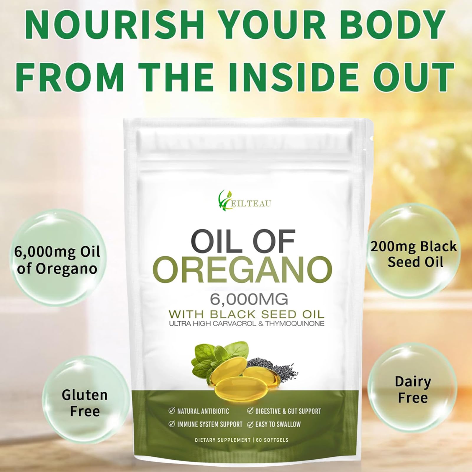EILTEAU airtight odorless softgel bottle preserves potency and convenience.