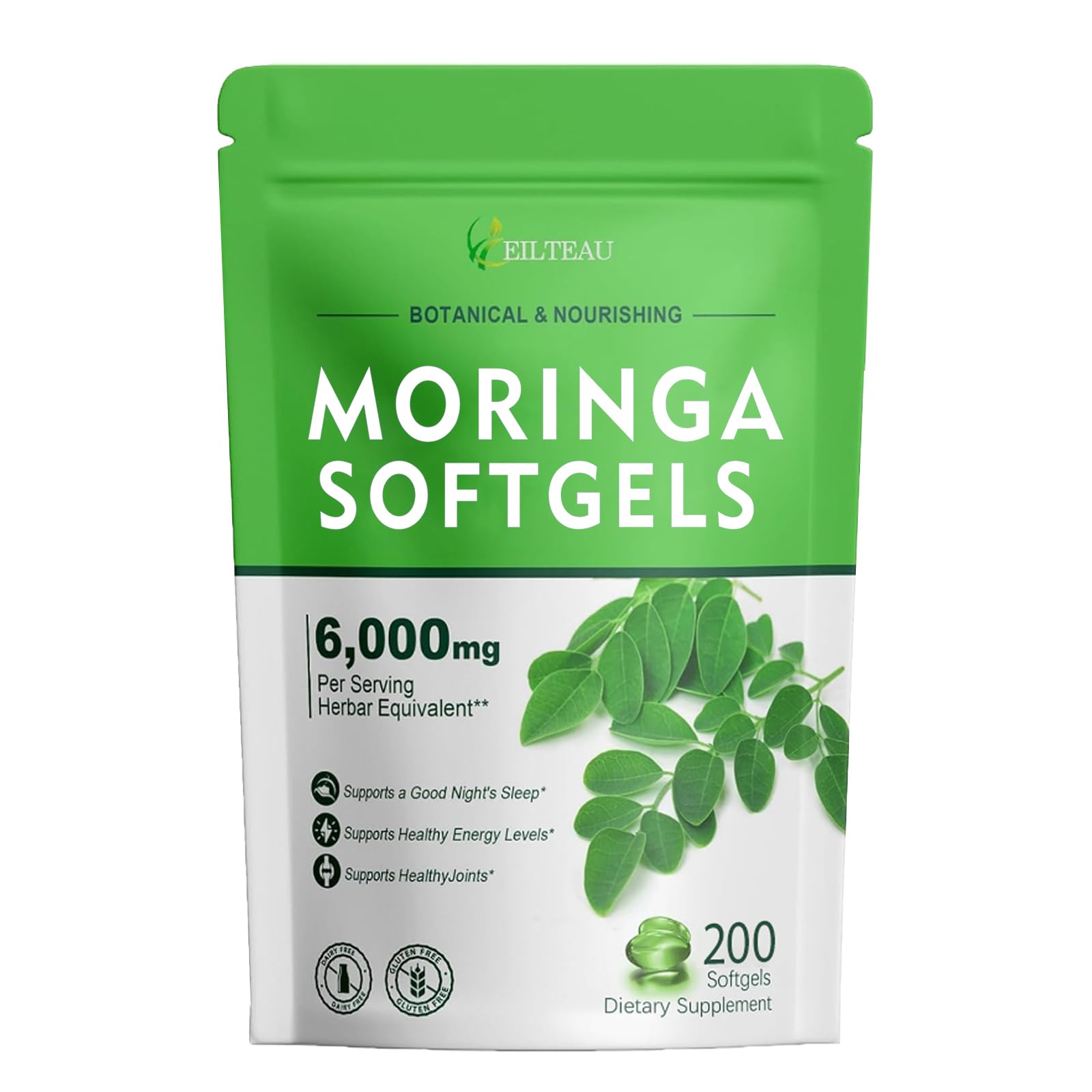 EILTEAU Moringa capsules bottle front shows vegan, non-GMO wellness option