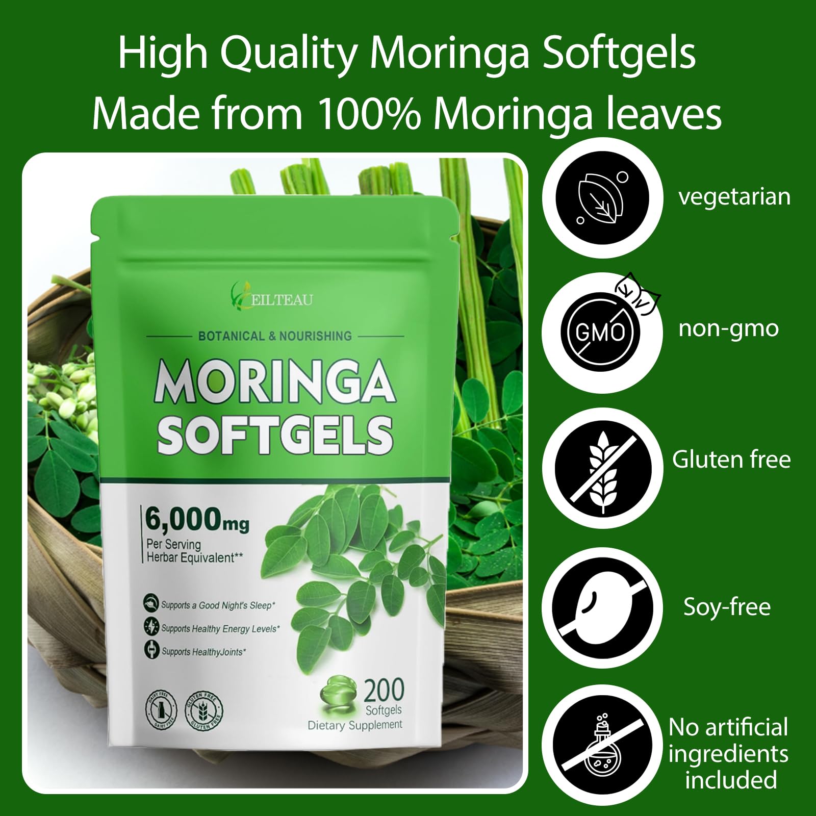 EILTEAU Moringa capsules bottle open: no messy powders, easy dosing