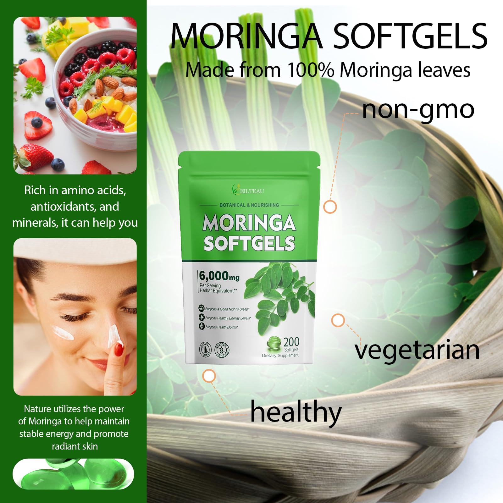 EILTEAU Moringa capsules bottle stacked: 200 softgels for a long-lasting supply