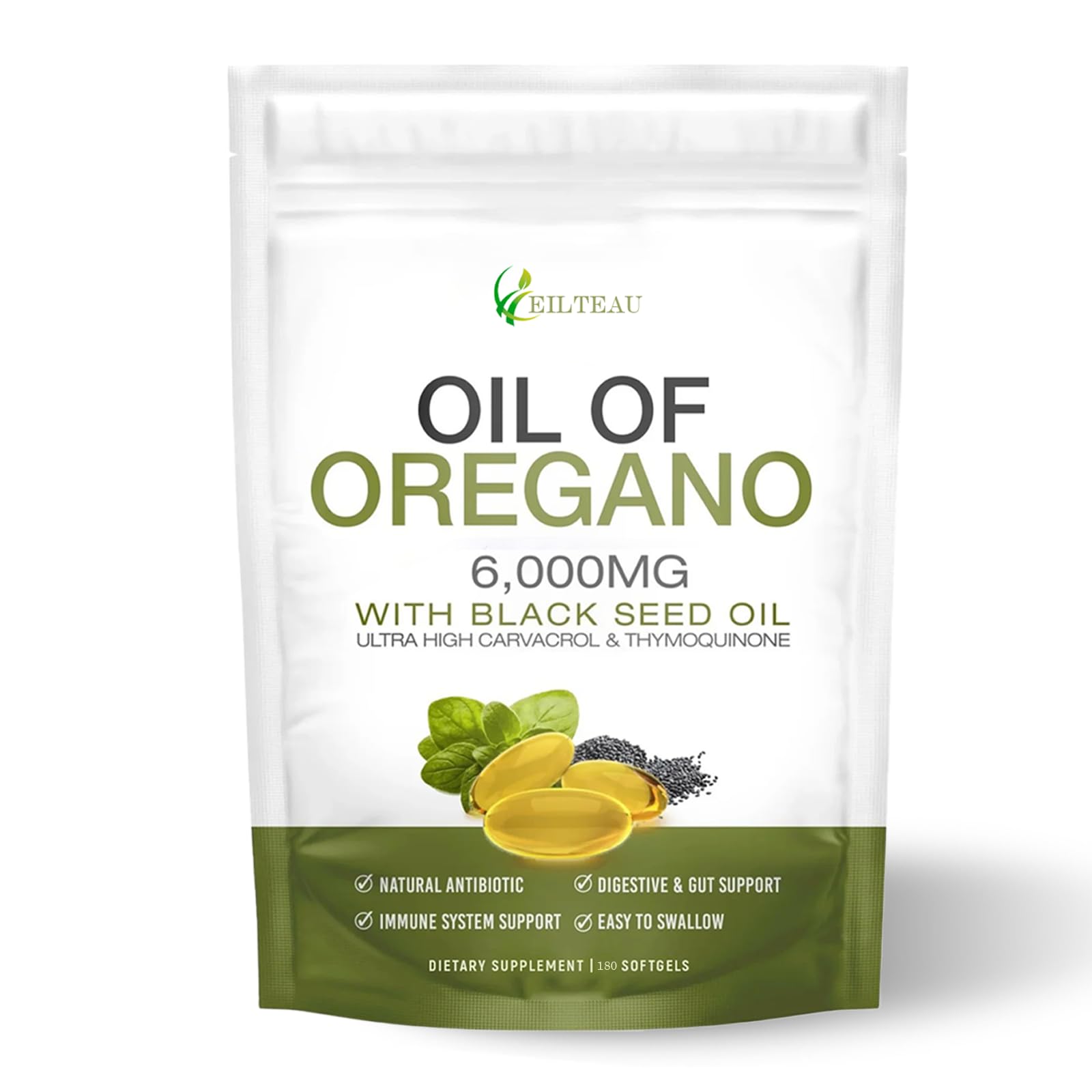 EILTEAU oregano oil capsules with black seed oil for daily vitality.