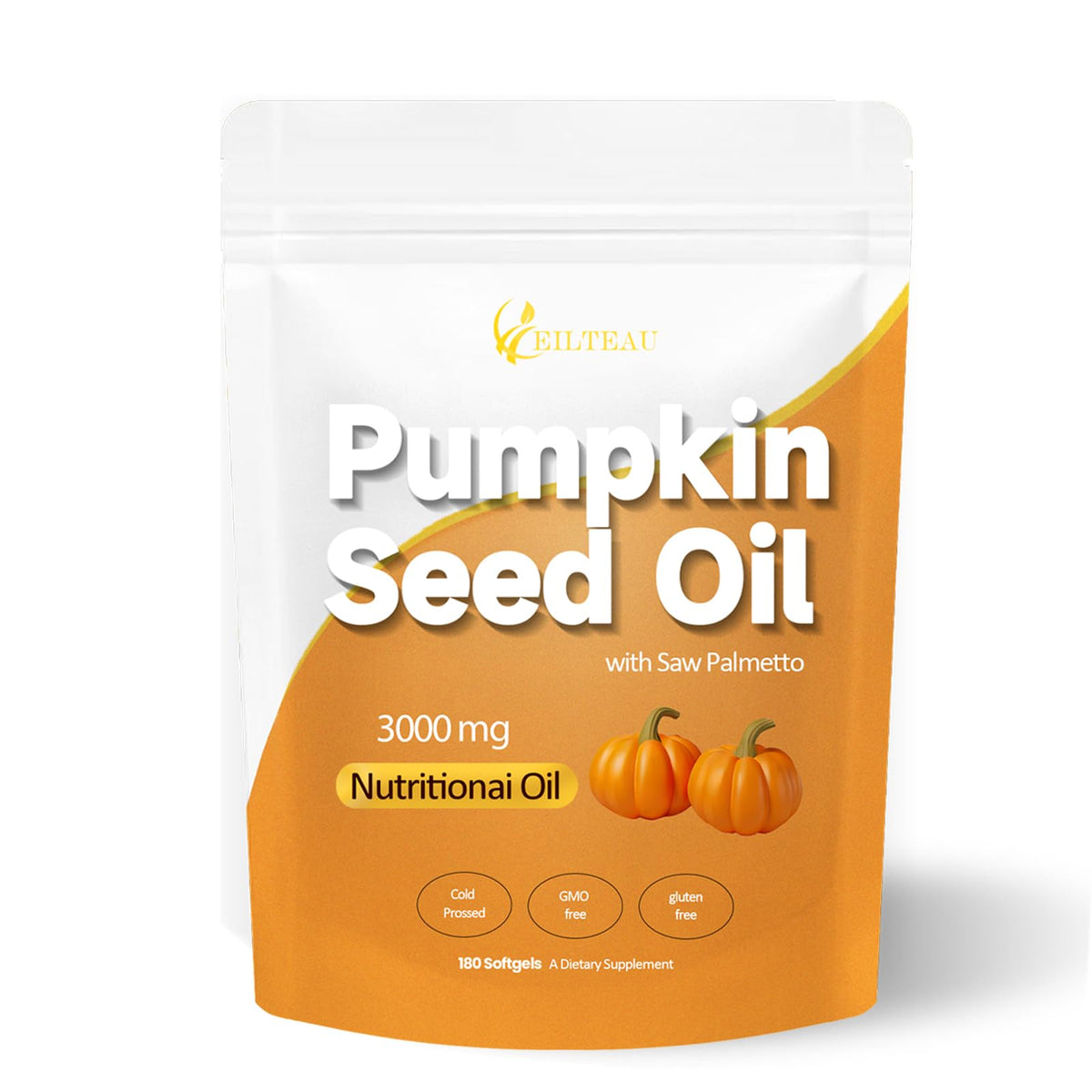 EILTEAU pumpkin seed oil bottle shows a cold-pressed formula for daily wellness.