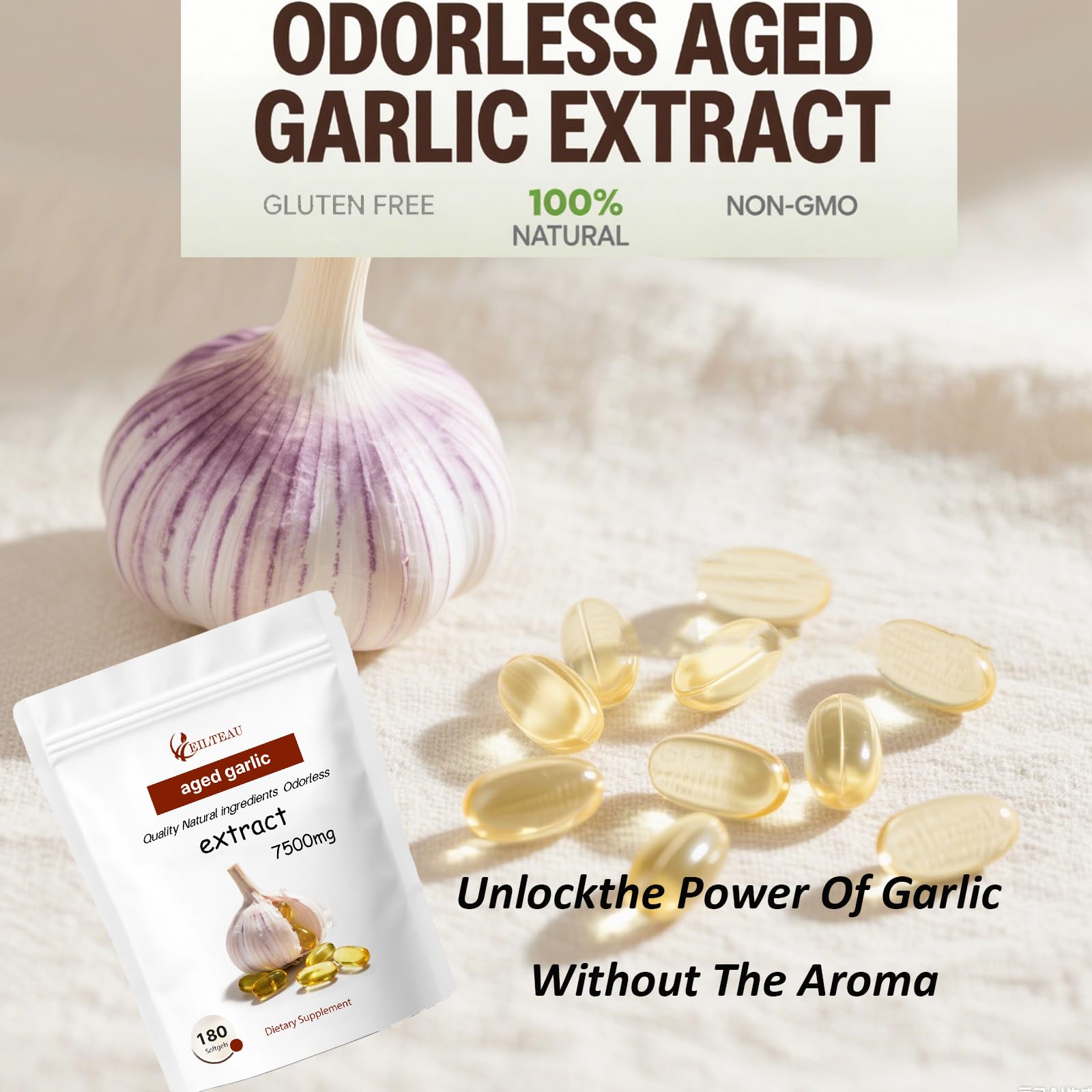 Softgels on glossy surface illustrate odorless garlic supplement.