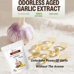 Softgels on glossy surface illustrate odorless garlic supplement.