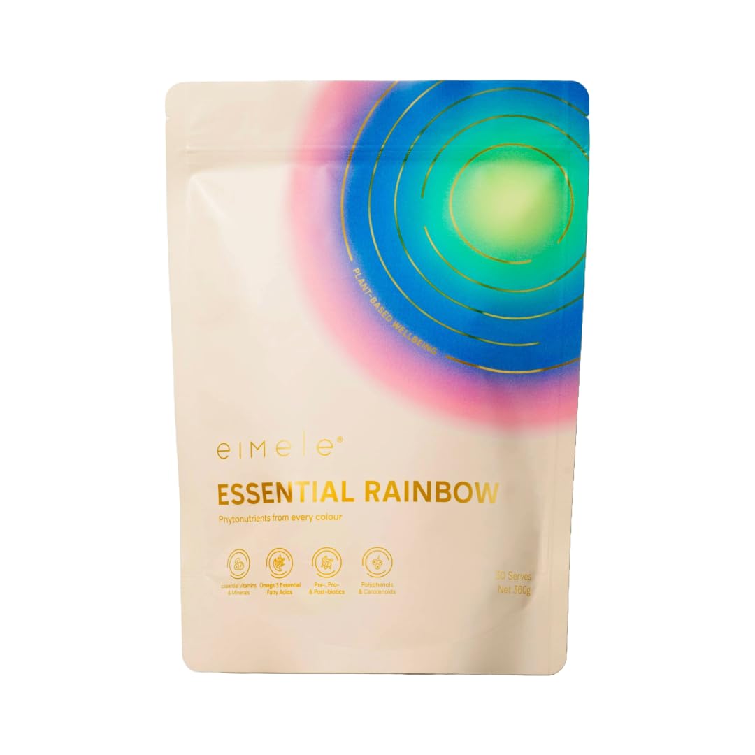 eimele Essential Rainbow bottle label shows premium plant-based nutrition for daily wellness.