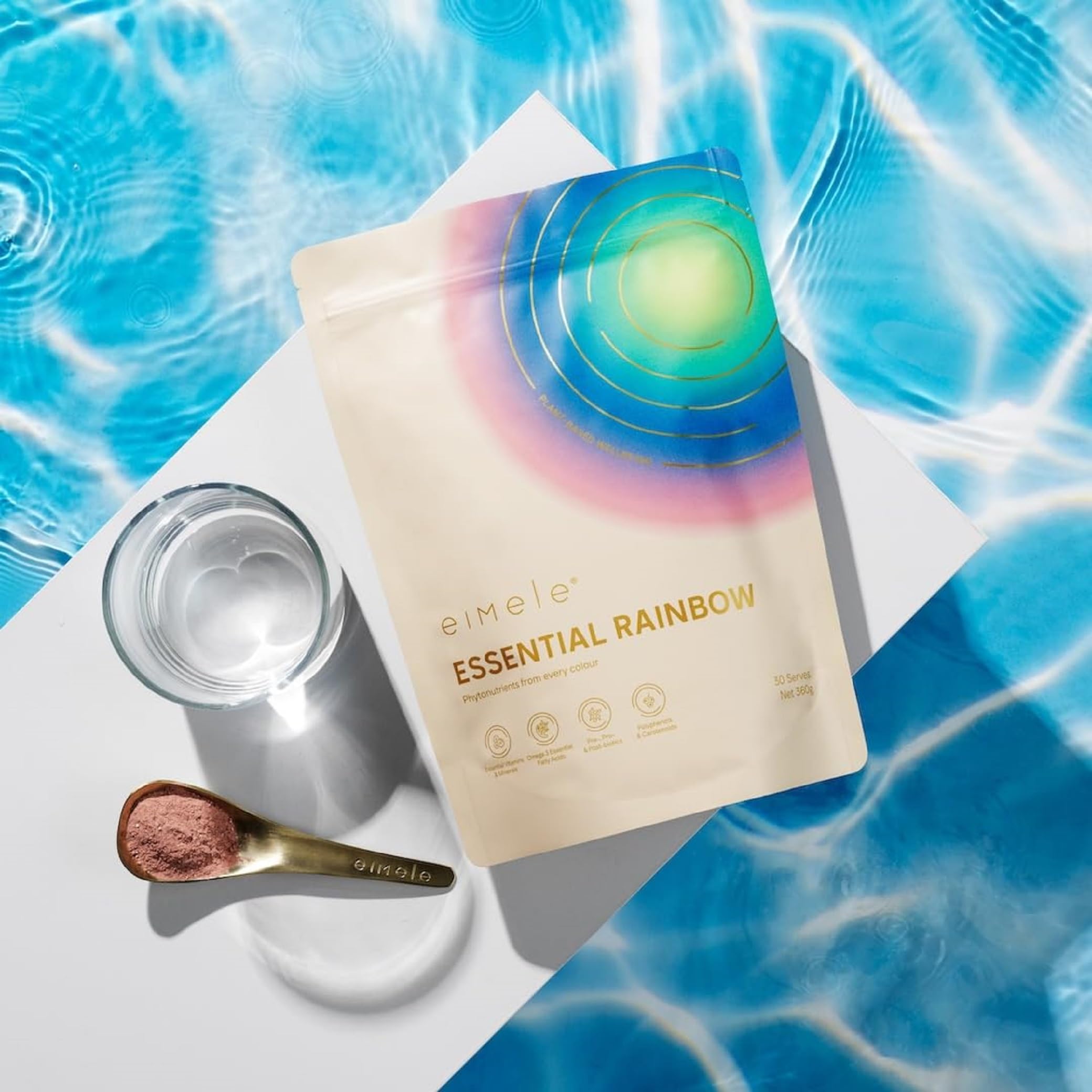 eimele Essential Rainbow ingredients panel highlights 77 nutrients and antioxidants.