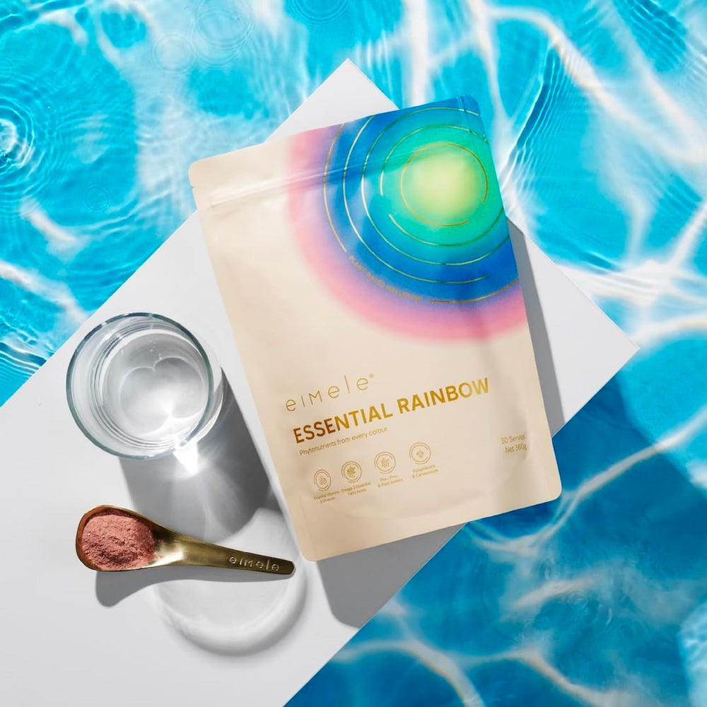 eimele Essential Rainbow ingredients panel highlights 77 nutrients and antioxidants.