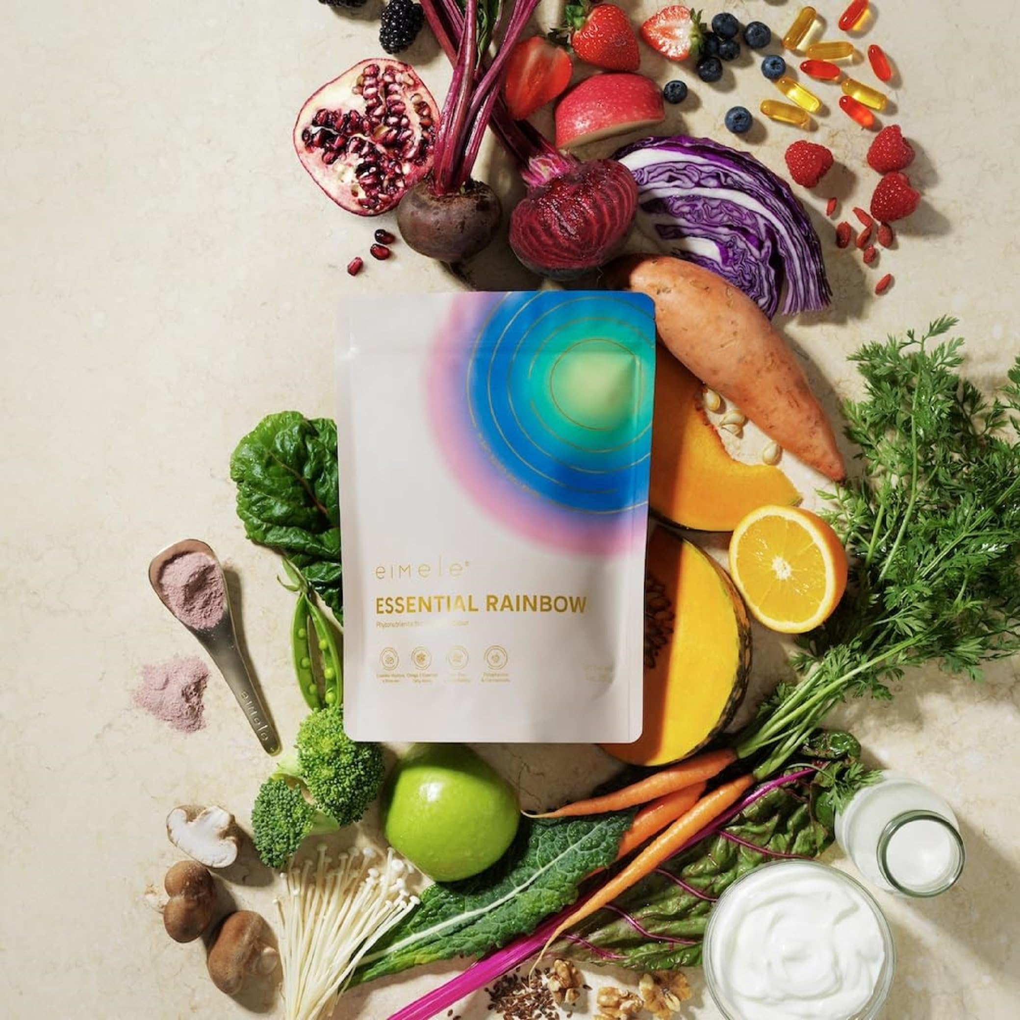 eimele Essential Rainbow powder dissolving in water shows quick, mixable health nourishment.