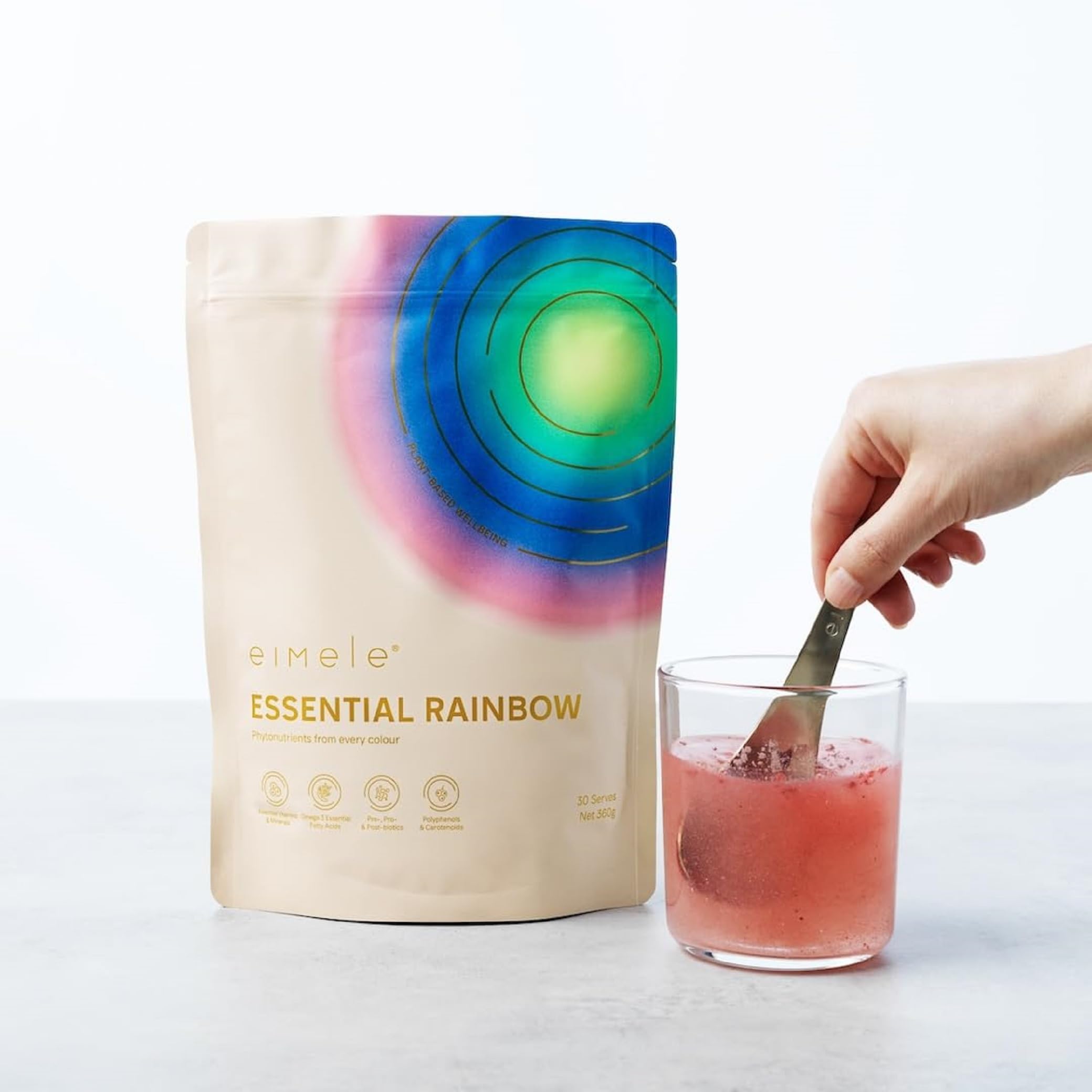 eimele Essential Rainbow smoothie glass illustrates a tasty energy and immunity boost.