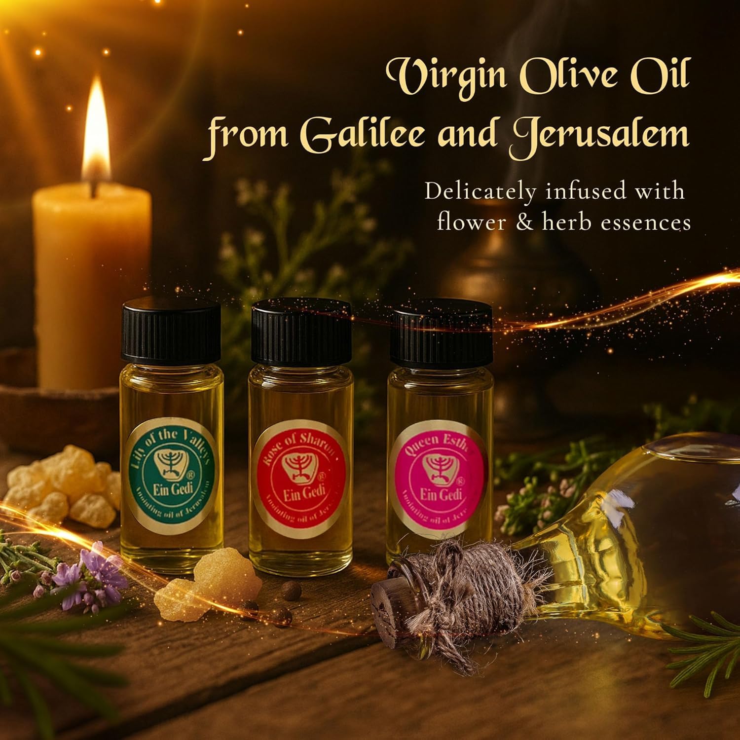 Ein Gedi frankincense oil bottle closeup highlights resinous aroma