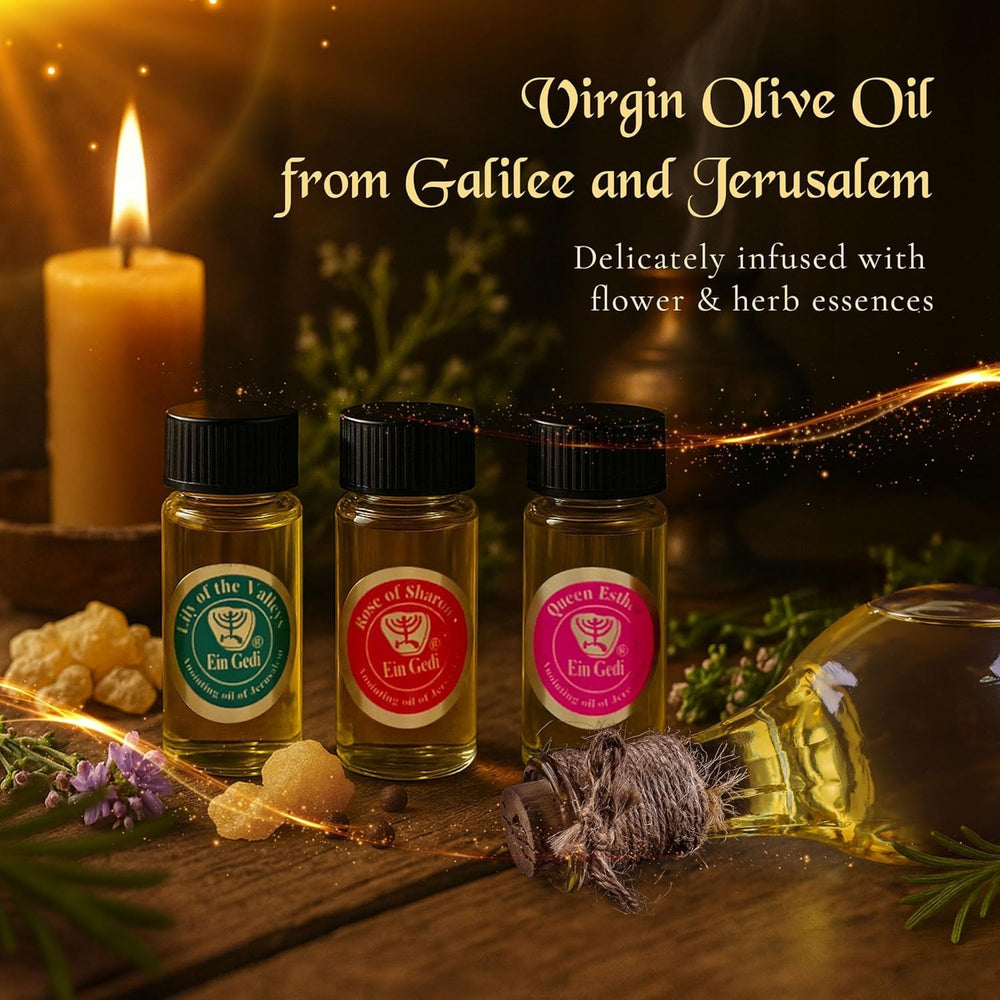 Ein Gedi frankincense oil bottle closeup highlights resinous aroma