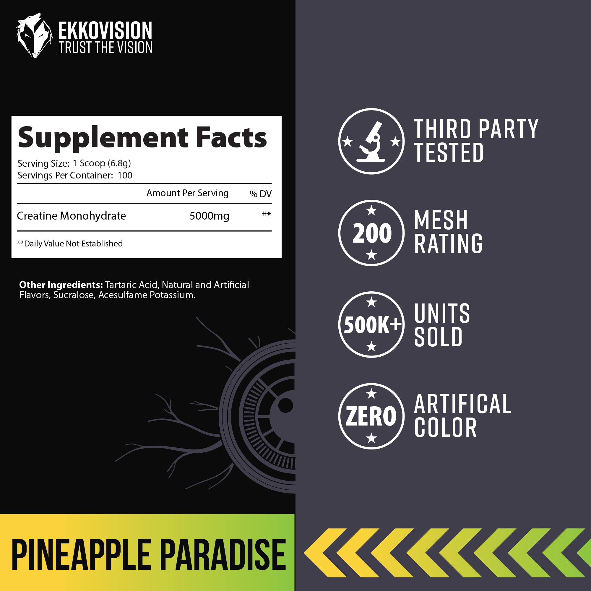 Close-up of Ekkovision Pineapple Paradise container label