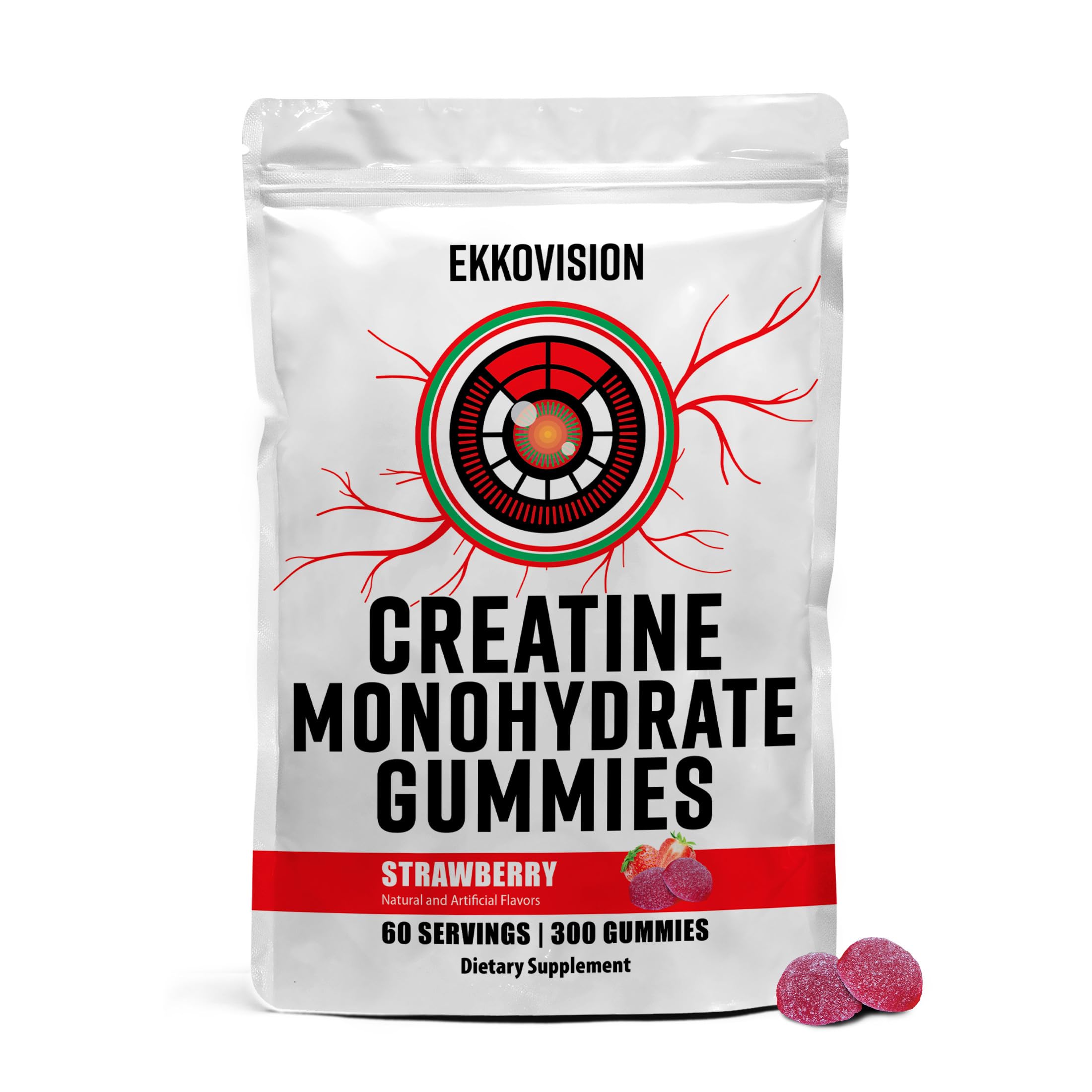 Ekkovision Creatine Monohydrate Gummies orange bottle for pre-workout support and convenience