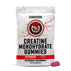 Ekkovision Creatine Monohydrate Gummies orange bottle for pre-workout support and convenience