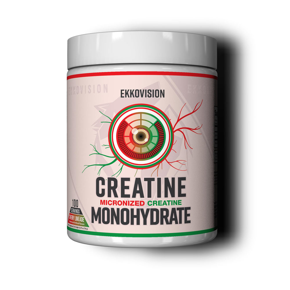 Ekkovision Creatine Monohydrate bottle shows easy mixing for workouts.