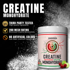 Ekkovision Creatine scoop beside powder ready for quick dissolving in water.