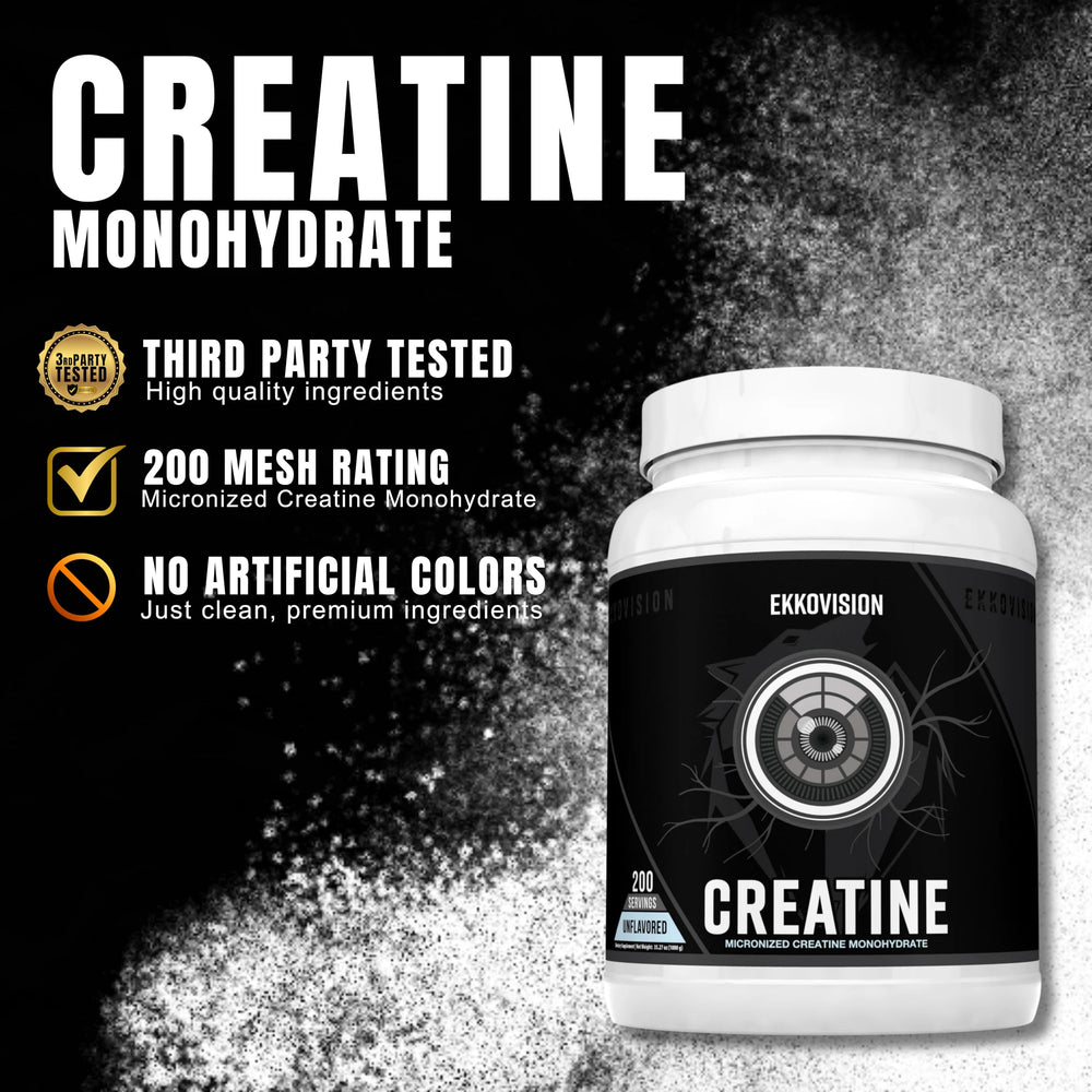 Ekkovision Unflavored Creatine powder in glass demonstrates versatile mixing without altering taste.