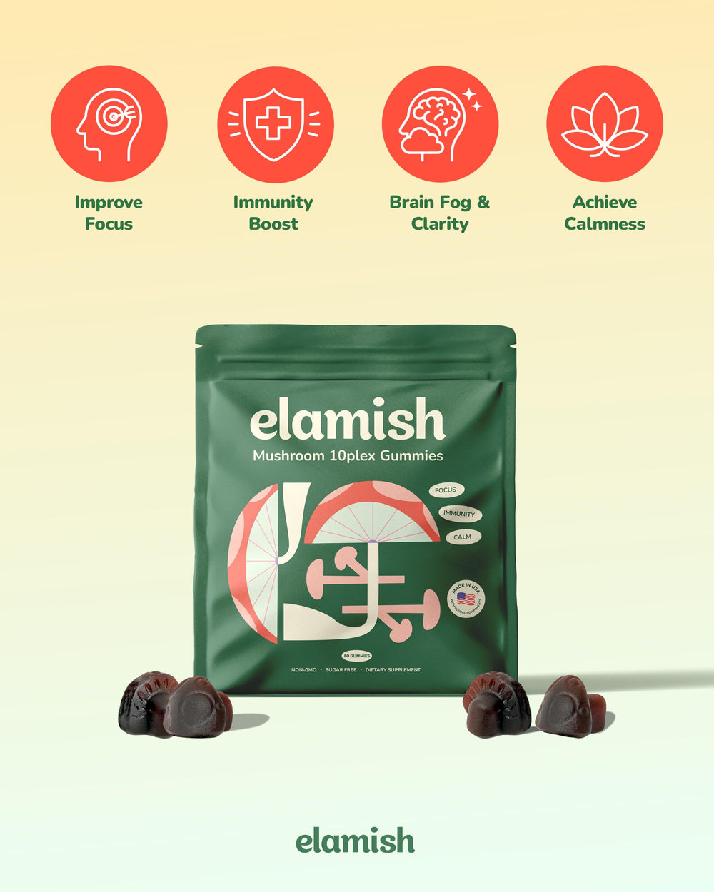 Elamish Mushroom Gummies calm bottle hints at natural relaxation