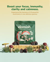 Elamish Mushroom Gummies immunity bottle suggests immune support potential