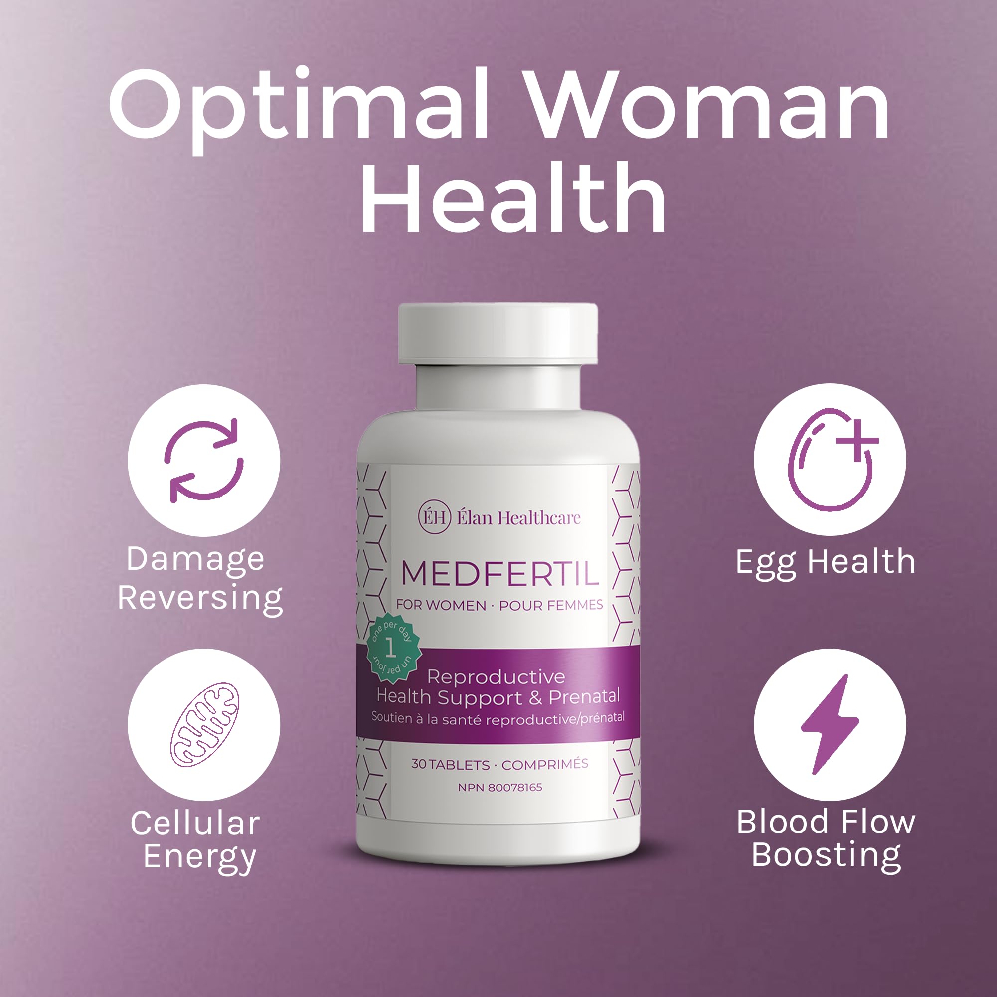 ÉLAN HEALTHCARE MedFertil pill count highlights full month of vitamins.