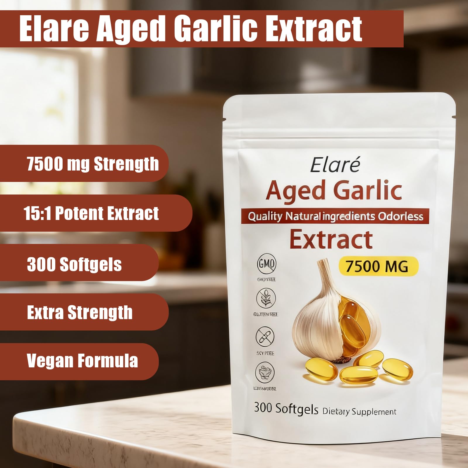 ELARE aged garlic softgels close-up showcases convenient, odor-free capsules.