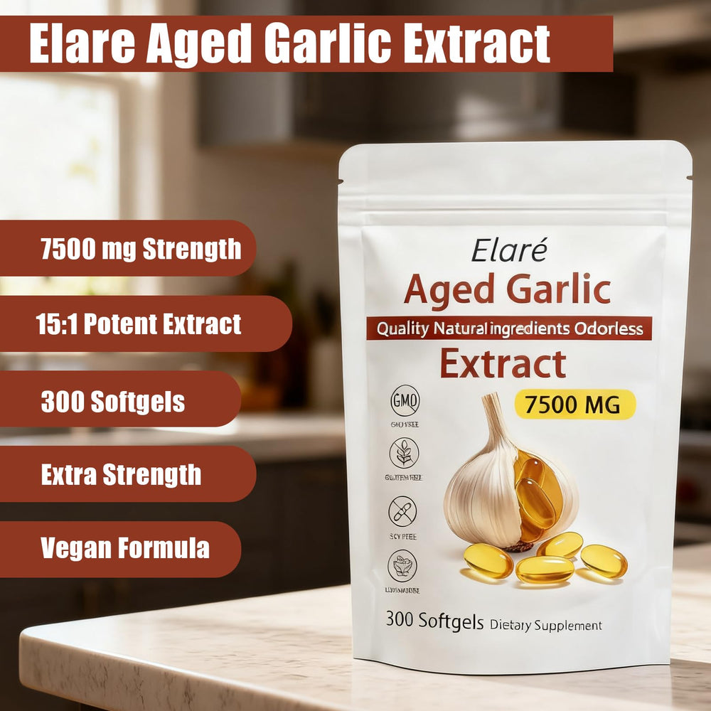 ELARE aged garlic softgels close-up showcases convenient, odor-free capsules.